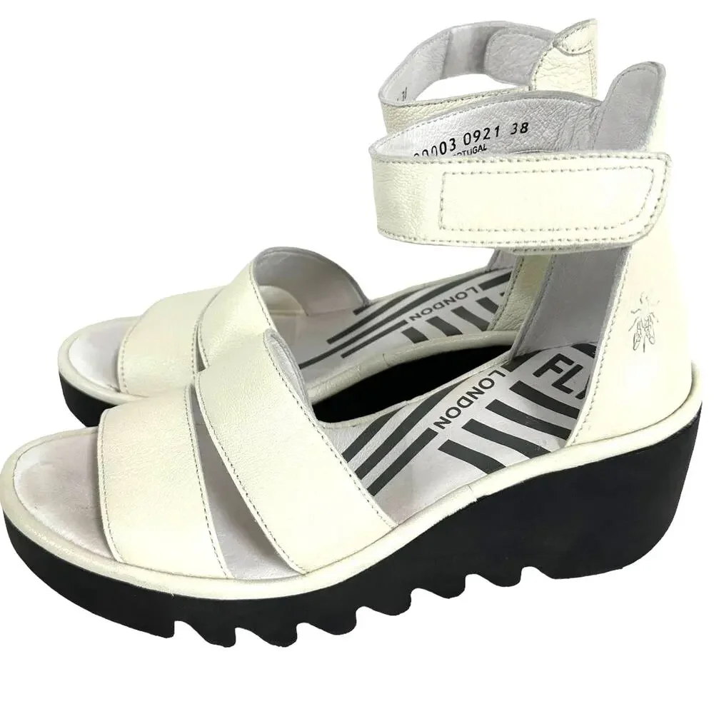 Fly London BONO290FLY Ankle Strap Wedge Sandal Off White Mousse Size 38 (US7.5)